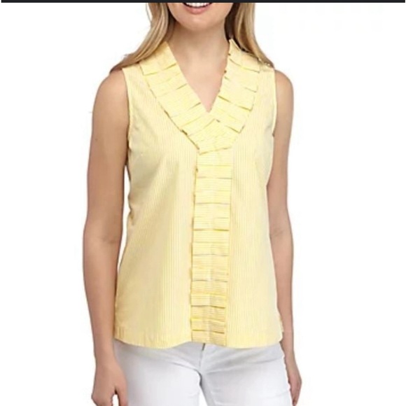 Crown & Ivy Women Yellow Striped Ruffle Neck Sleeveless Blouse Top Size PM NWT - Picture 1 of 6